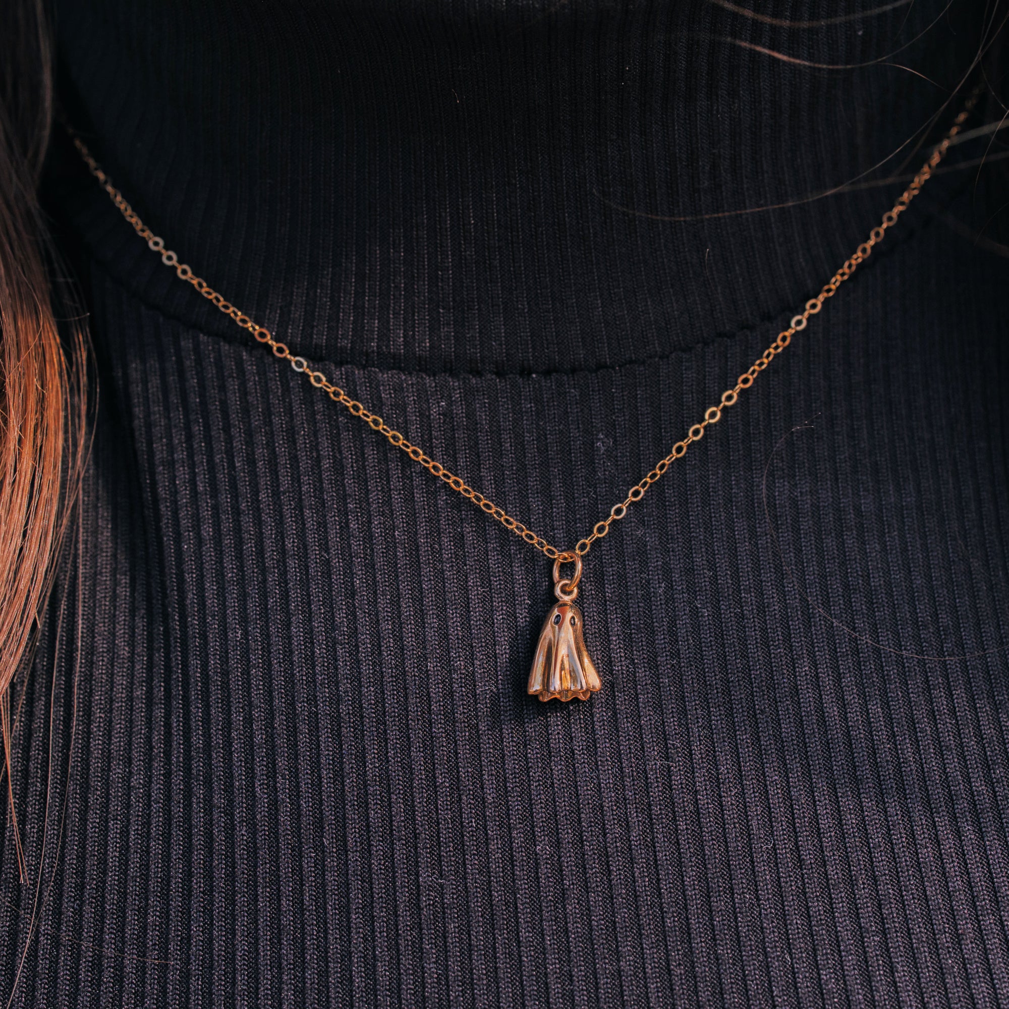 Bronze Ghost Necklace on a Gold Filled Cable Chain. Halloween Jewelry. Halloween Necklace.