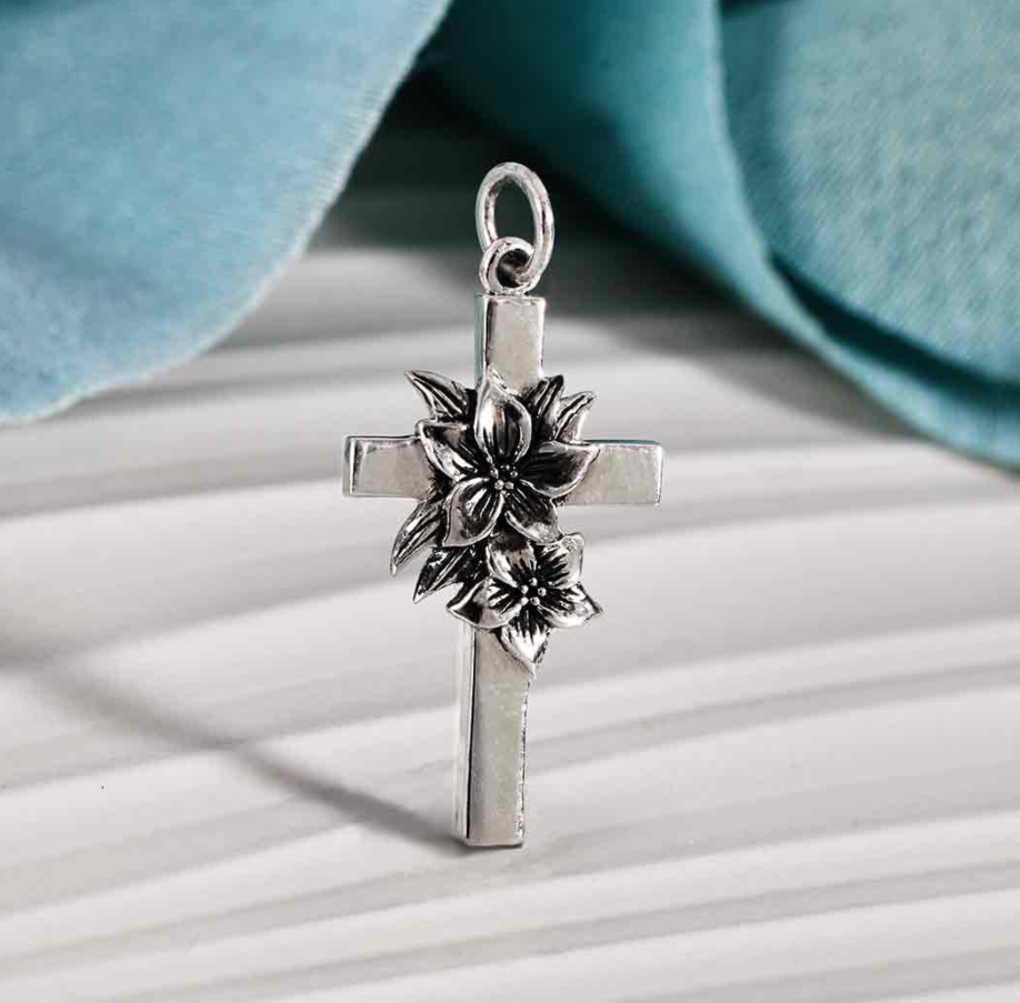Cross with Floral Accent Necklace in Sterling Silver. First Communion. Baptism. Confirmation. Wedding. Cross Necklace. Christian.