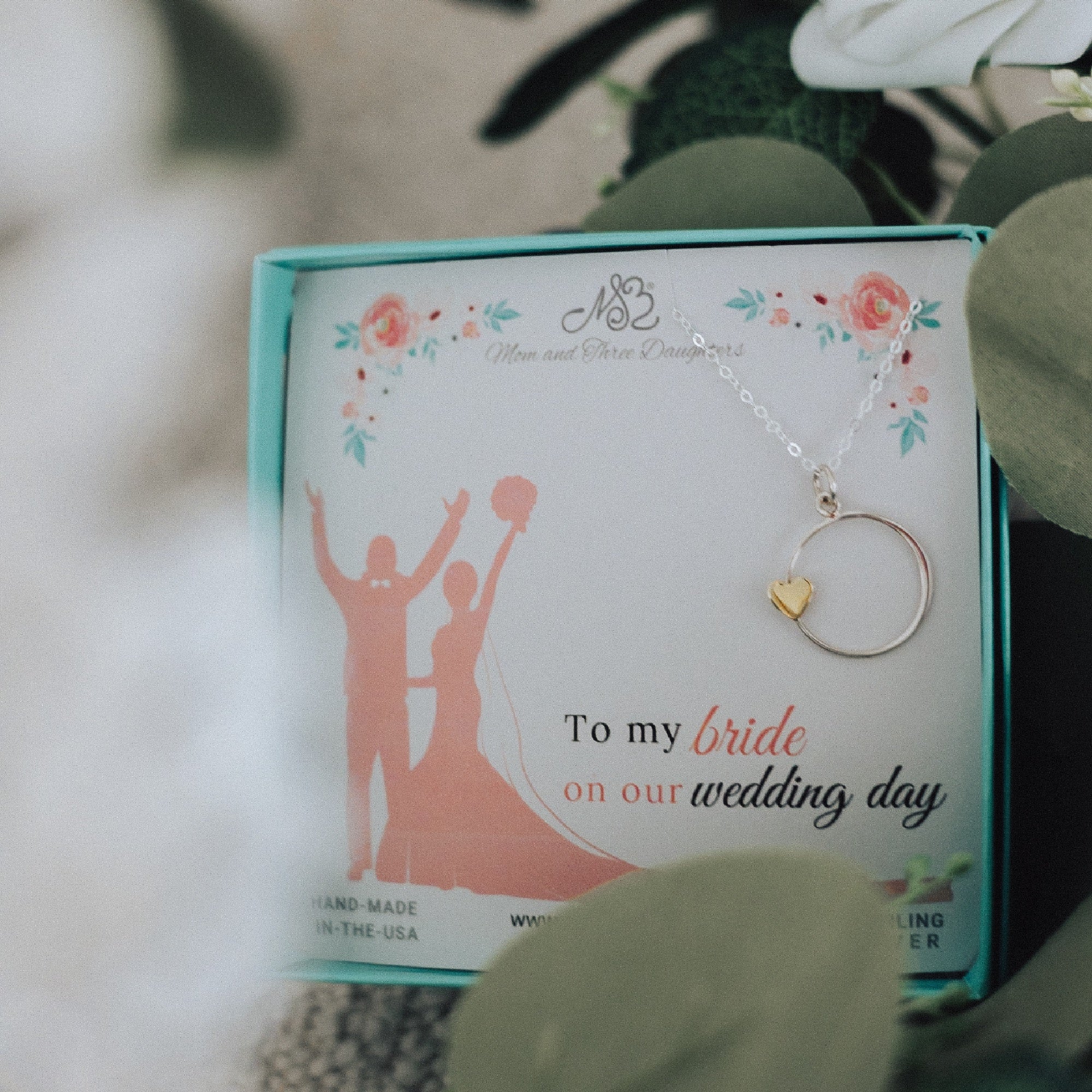 To Bride from Groom Necklace. Wedding Gift for Bride. Sterling Silver Circle Charm with Bronze Heart Charm on a Sterling Silver Chain.