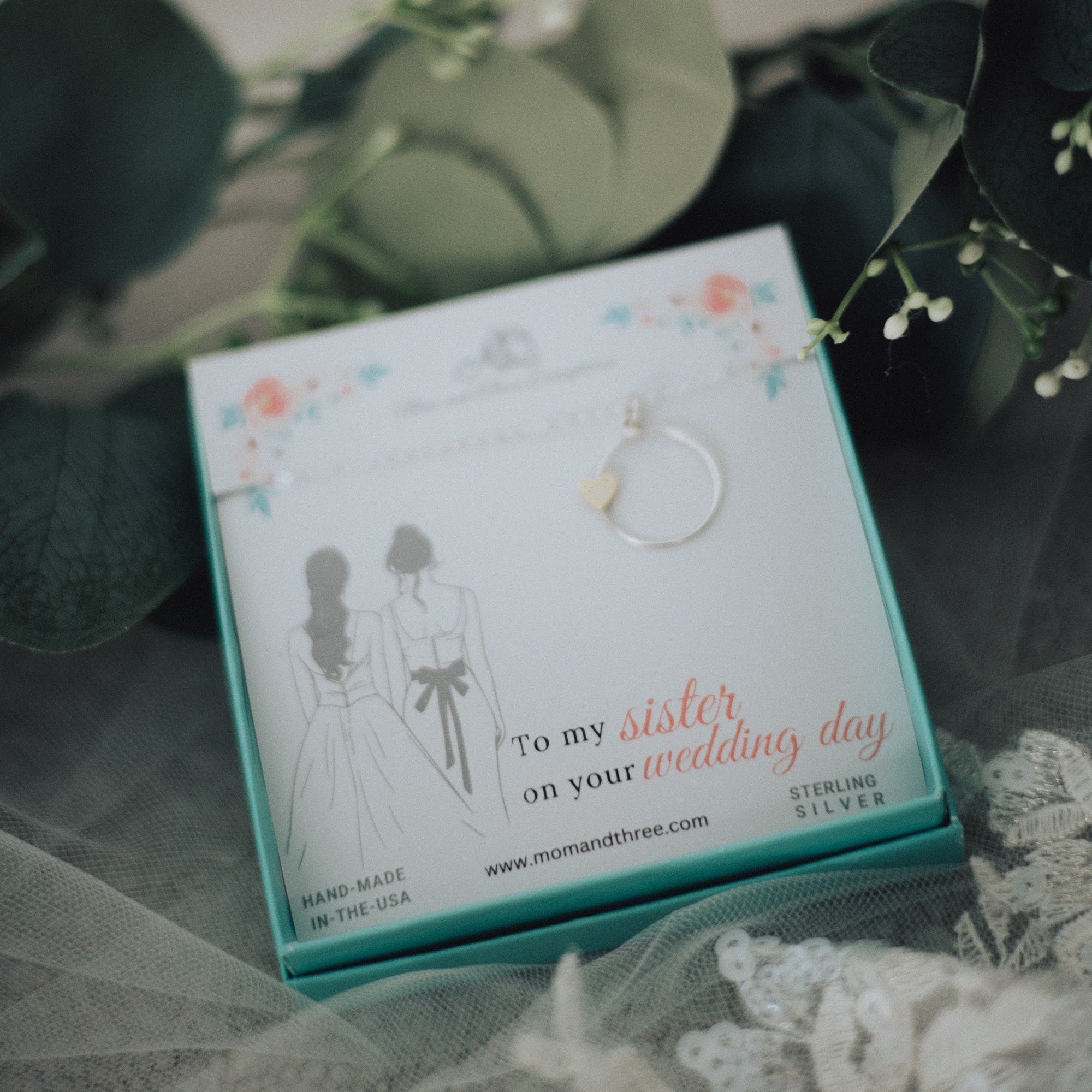 Sister Wedding Necklace. Sterling Silver Circle Charm with Bronze Heart Charm on a Sterling Silver Chain. Engagement or Bridal Shower Gift.