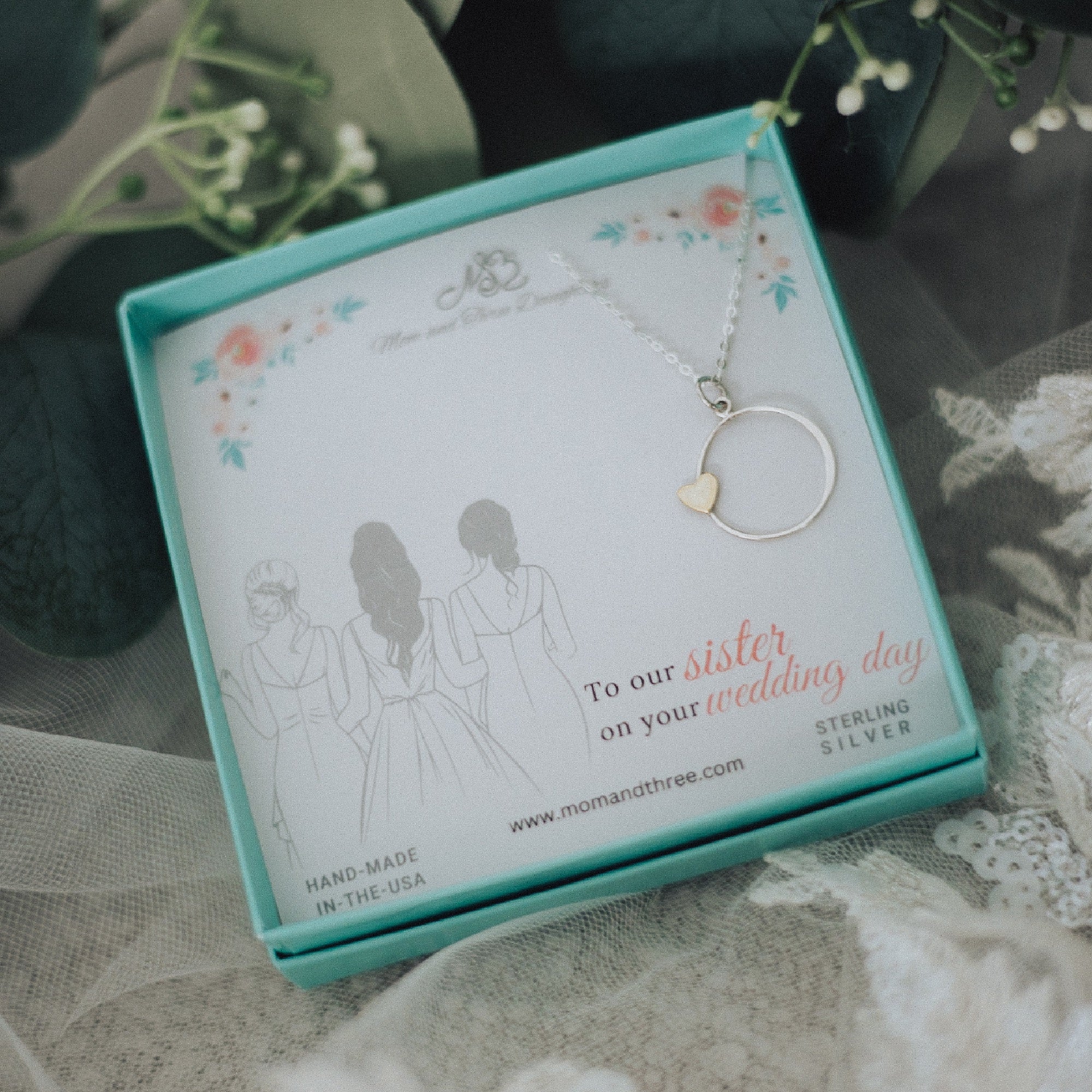 Sister Wedding Necklace. Sterling Silver Circle Charm with Bronze Heart Charm on a Sterling Silver Chain. Engagement or Bridal Shower Gift.