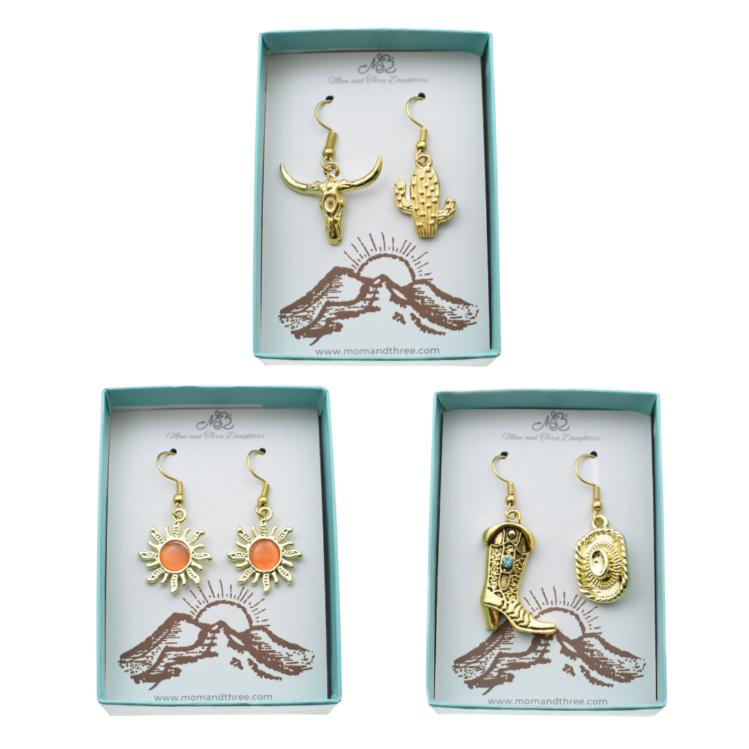 Gold Western Earring Sets in Gold Plated Zinc Alloy Metals. Cowboy Boot Earrings. Cactus and Bull Head Earrings. Enamel Sun Earrings.