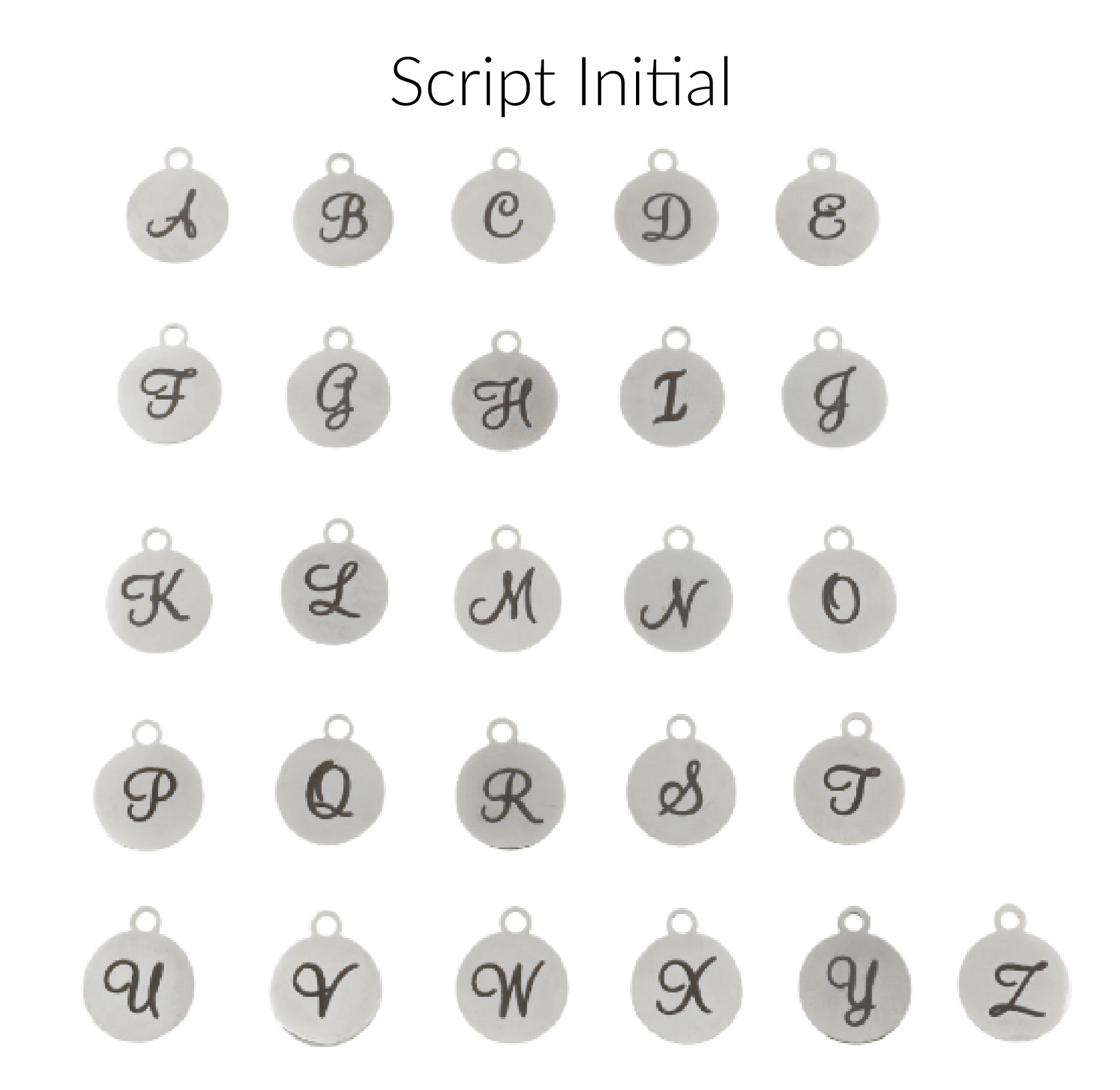 Gold or Silver Stainless Steel Initial Charms. Script Letter Charms. Uppercase letters Initials.