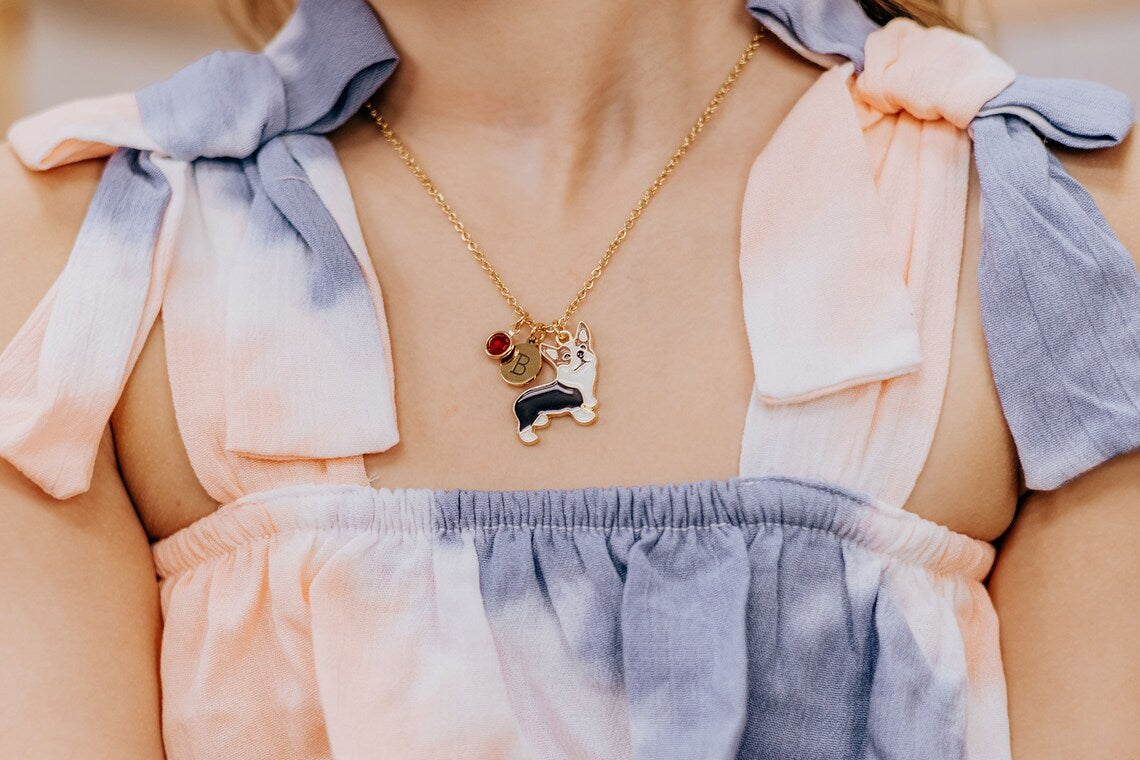 Personalized Corgi Necklace. Little Girls Jewelry. Corgi Gifts. Dog Necklace. Personalized Necklace. Custom Birthstone. Initial.