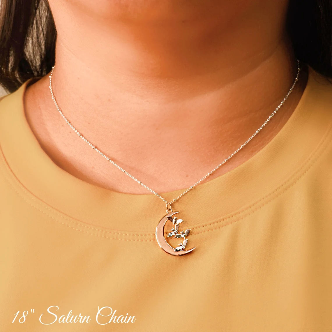 Bronze Crescent Moon Necklace in Sterling Silver accented by Silver Bats. Halloween Jewelry. Halloween Necklace.