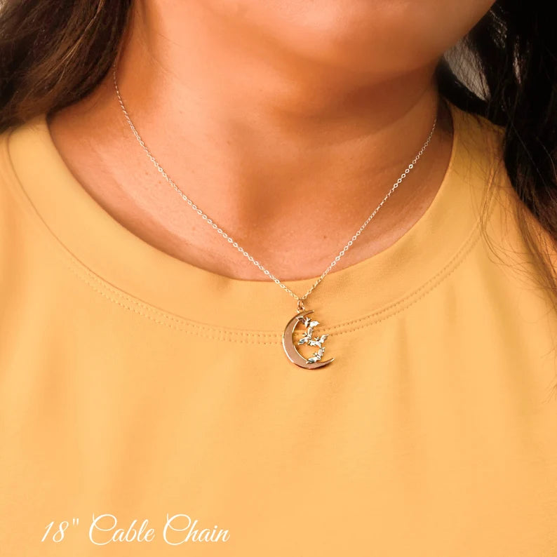 Bronze Crescent Moon Necklace in Sterling Silver accented by Silver Bats. Halloween Jewelry. Halloween Necklace.