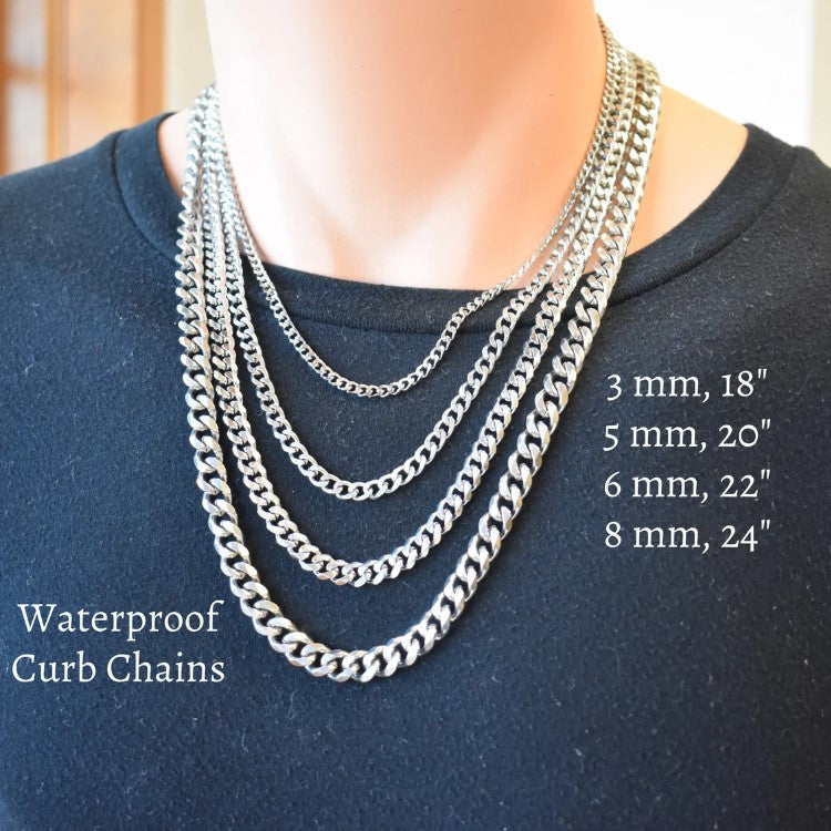 Men's Silver Stainless Steel Curb Chain Necklace. Waterproof. Gift for Teen Boy