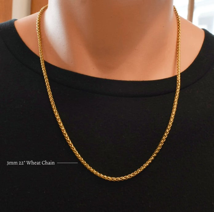 Men’s 3 mm Thick Gold Stainless Steel Wheat Chain Necklace. Men’s Jewelry