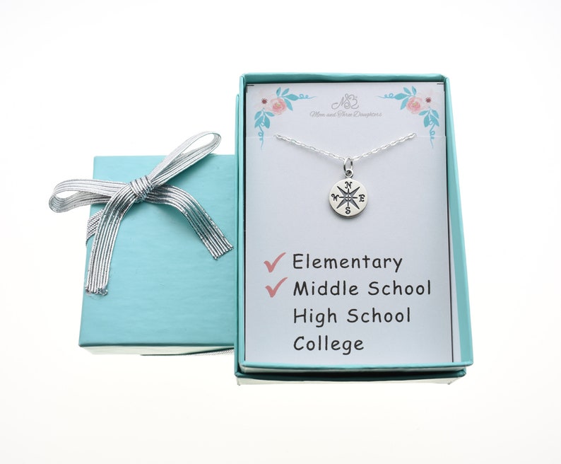 Small Compass Necklace in Sterling Silver. Middle School Graduation Gift