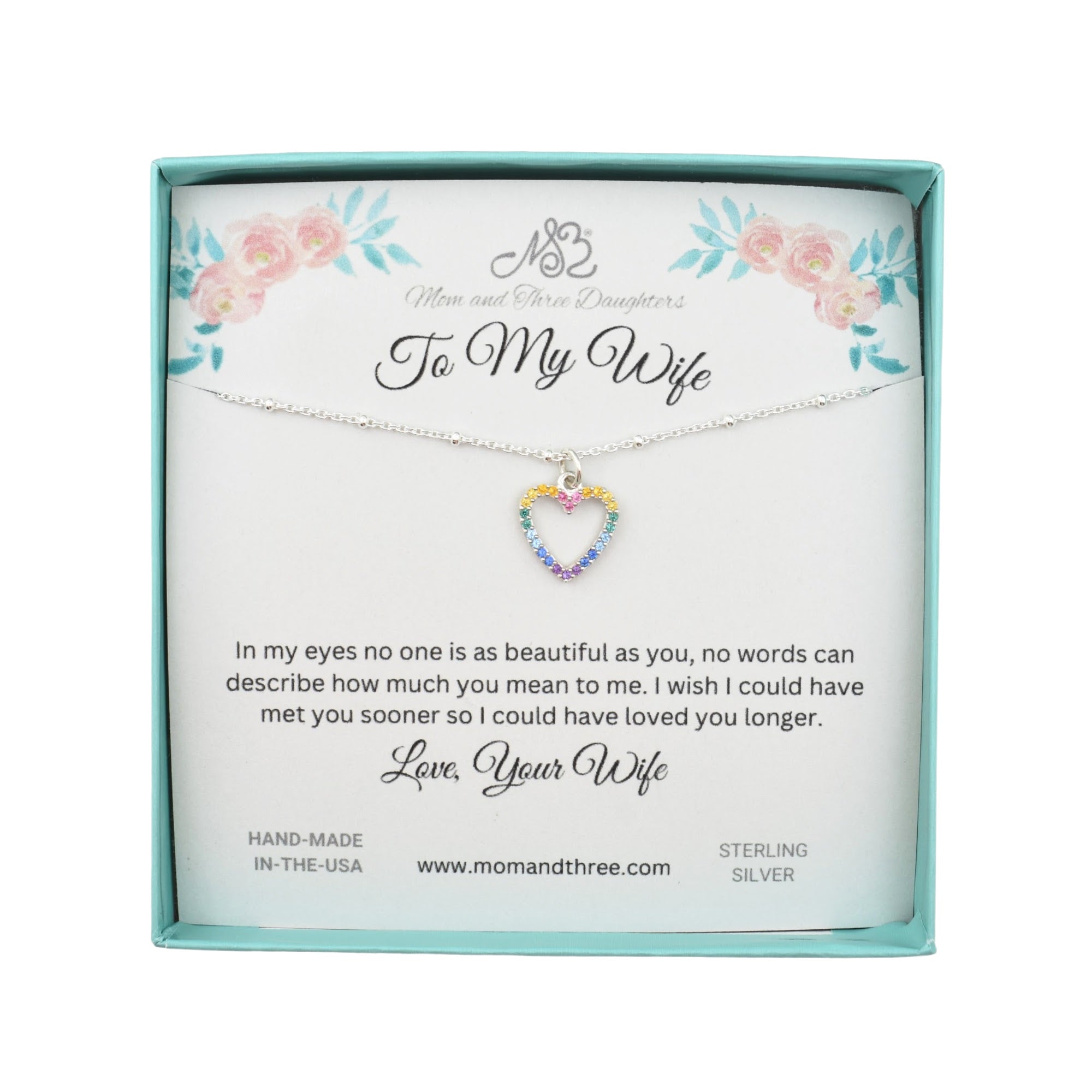 Same Sex Rainbow Pave Heart Necklace for Wife in Sterling Silver. Valentine's Day Gift