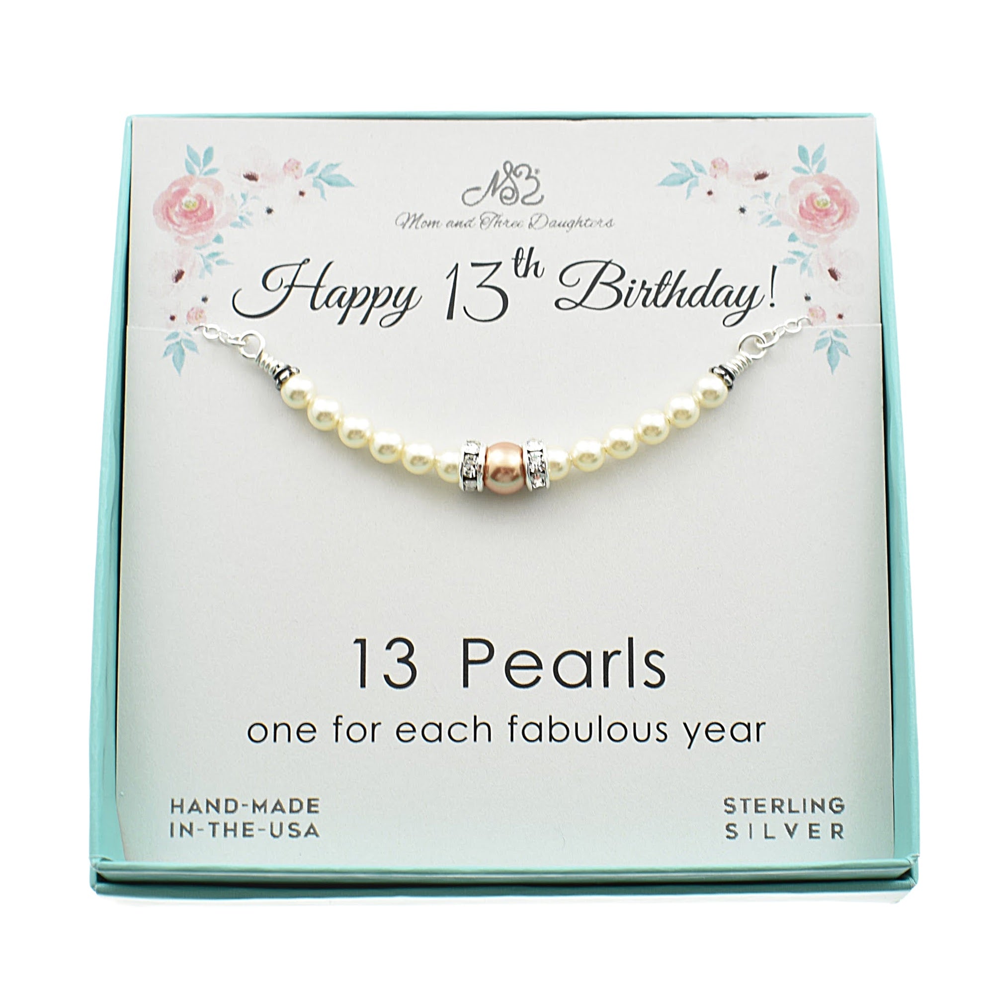 13th Birthday Pearl and Birthstone Necklace in Sterling Silver