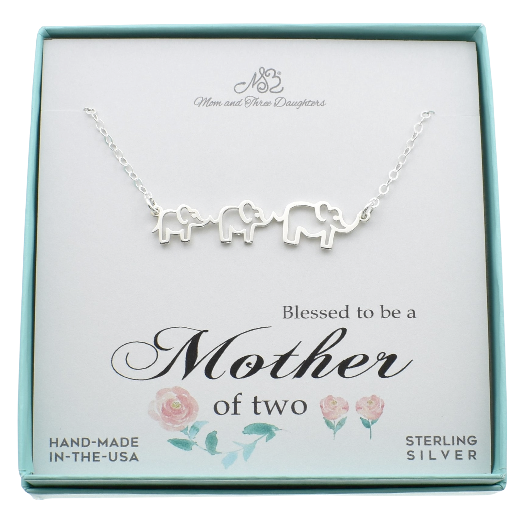 Mom and Two Baby Elephants Necklace in Sterling Silver