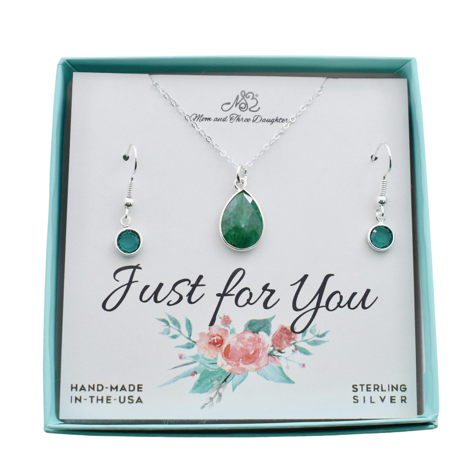 May Emerald Necklace and Earrings Set in Sterling Silver