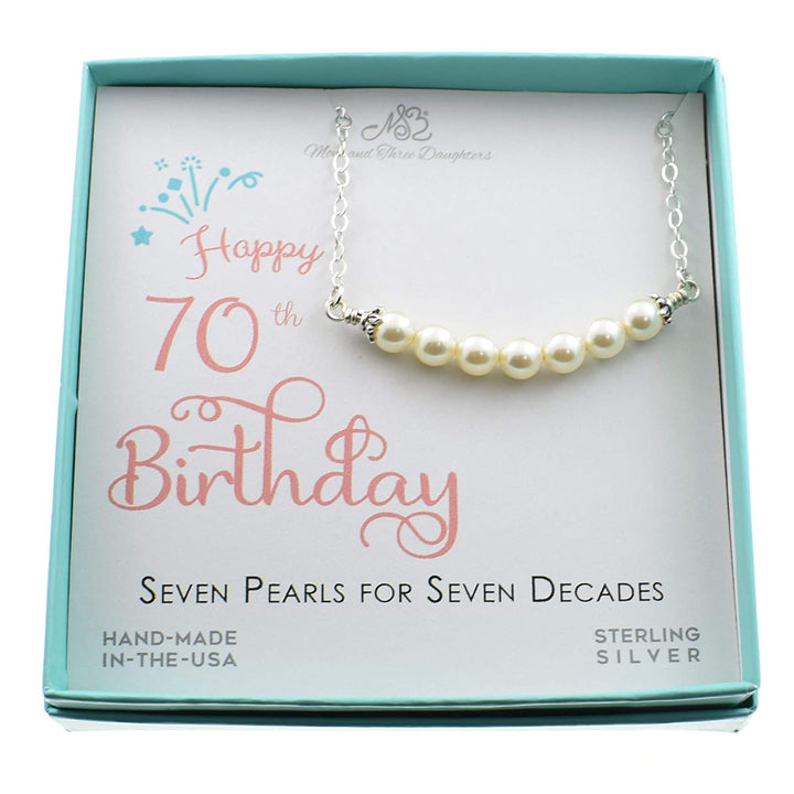 70th Birthday Crystal Pearl Bar Necklace in Sterling Silver Mom