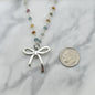 Antique Silver Plated Coquette Bow Necklace On A Multi Tourmaline Beaded Chain.
