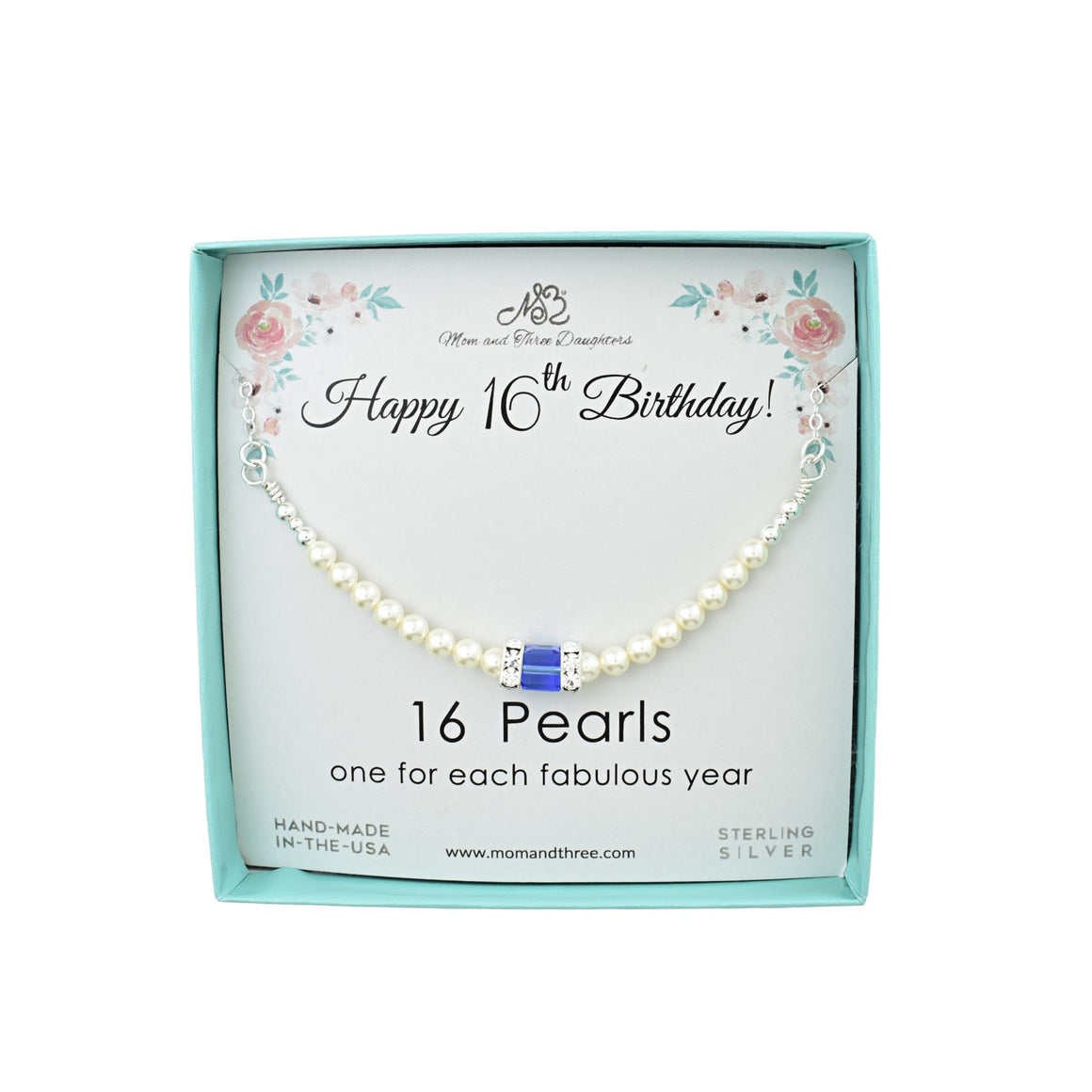 16th Birthday Crystal Pearl and Birthstone Necklace in Sterling Silver