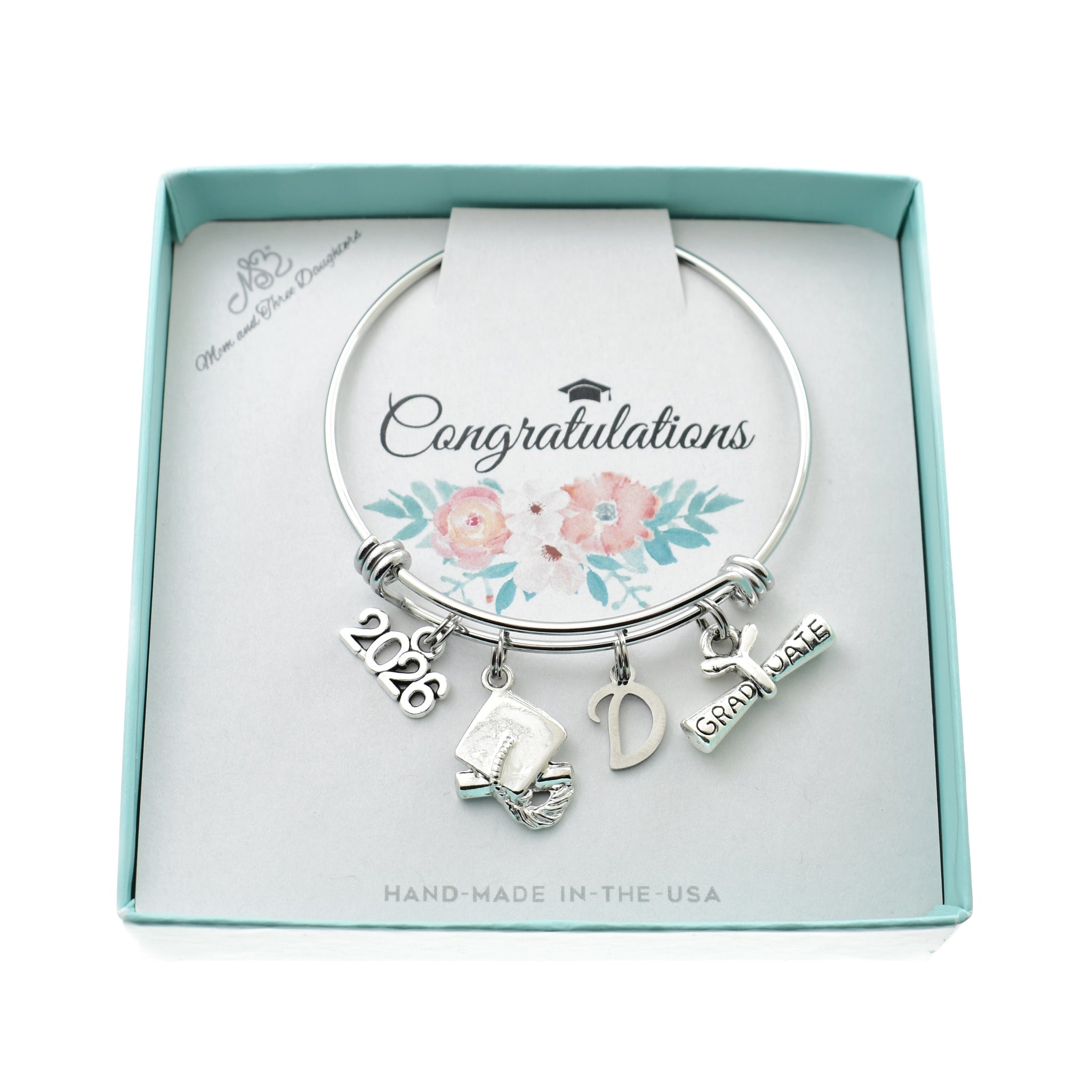 Kindergarten Graduation Bangle Bracelet. Stainless Steel Personalized with Initial. 2026 Graduation