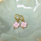 Blue or Pink Enamel Four Leaf Clovers suspended from Hoop Huggies. St. Patrick's Day Gifts. Lucky Gift. Clover Earrings. Shamrock Earrings.