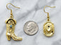 Gold Western Earring Sets in Gold Plated Zinc Alloy Metals. Cowboy Boot Earrings. Cactus and Bull Head Earrings. Enamel Sun Earrings.