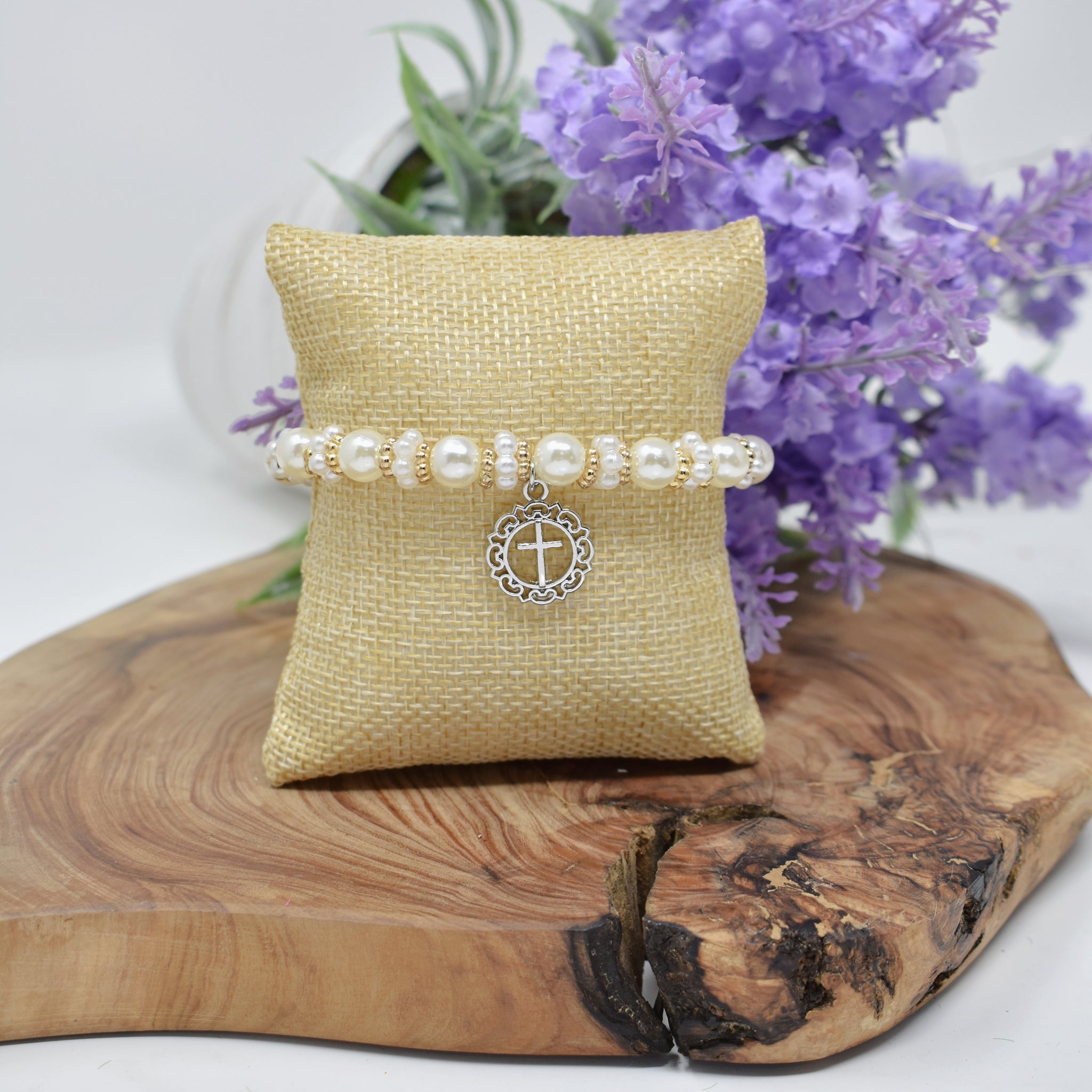 Holy Cross Glass Bead Bracelet. Daisy Spacers. Gold and Pearl Beaded Bracelet.