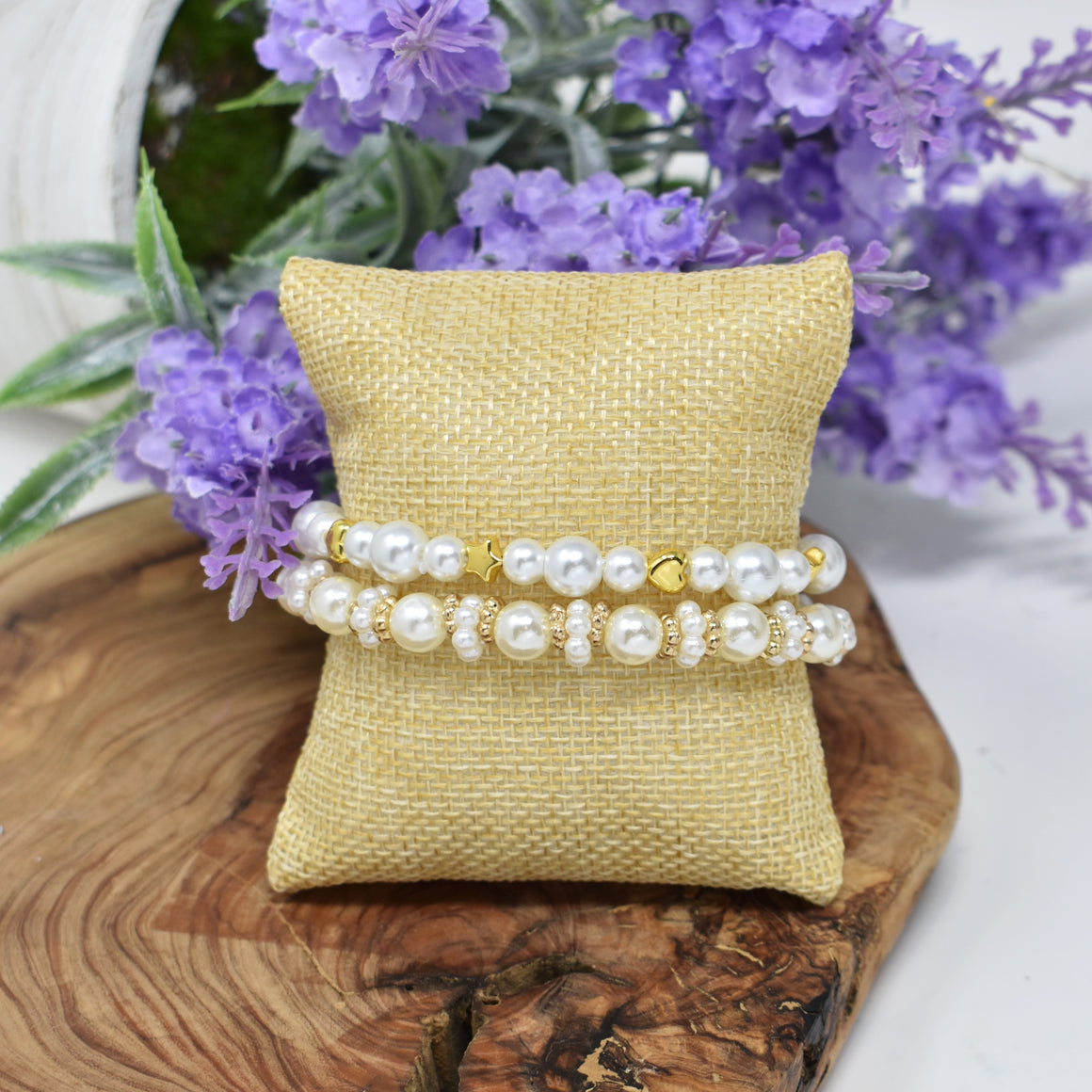 Gold and Pearl Beaded Bracelet Set. 6mm and 8mm. Hearts, Stars, Daisies. 6mm. 8mm.