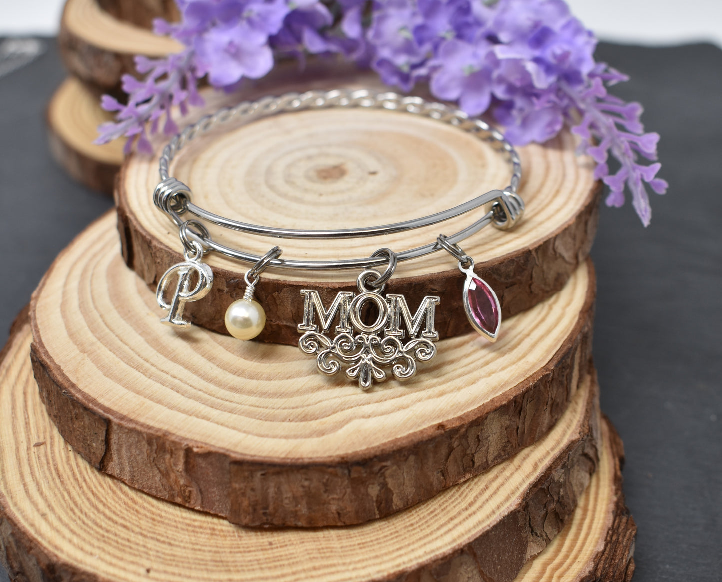 Personalized Mom Bangle Bracelet with Initial Charm and Crystal Birthstone. Stainless Steel Bangle Bracelet. Mother's Day Gift. Gift for Mom