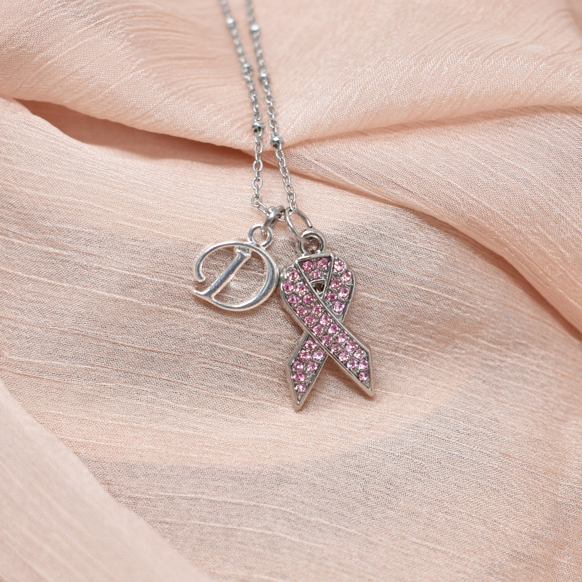 Breast Cancer Awareness Necklace. Personalized Initial and Crystal Pink Hope Ribbon.