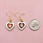 Red and White Enamel Heart Charm Earrings with Pink Flower. Valentine's Day Gifts.