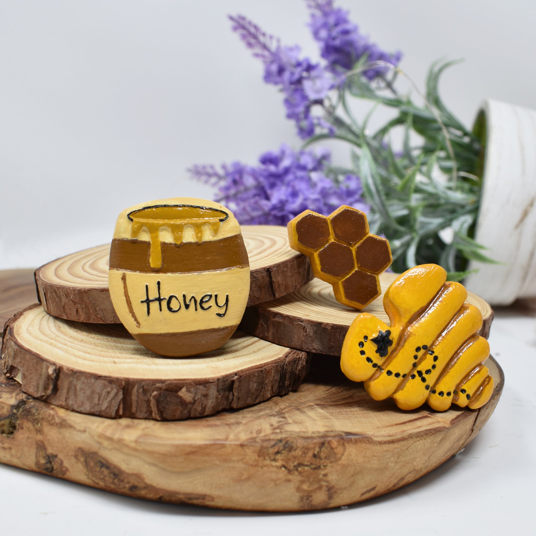 Honeybee Clay Magnets. Set of 3. Beehive. Honeycomb. Honey Pot.