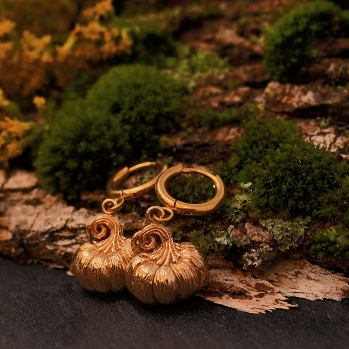 Bronze Dimensional Pumpkin Huggie Earrings for Women.