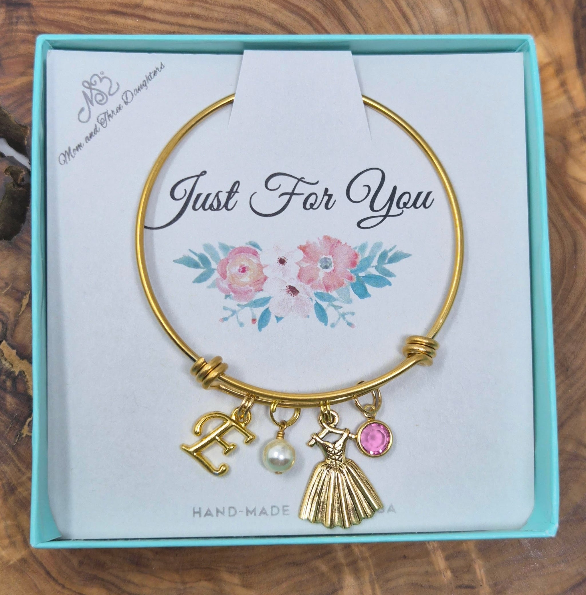 Ballerina Bracelet in Antique Gold with Personalized Initial and Birthstone with Pearl. Stainless Steel Bangle.