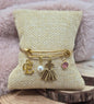 Ballerina Bracelet in Antique Gold with Personalized Initial and Birthstone with Pearl. Stainless Steel Bangle.
