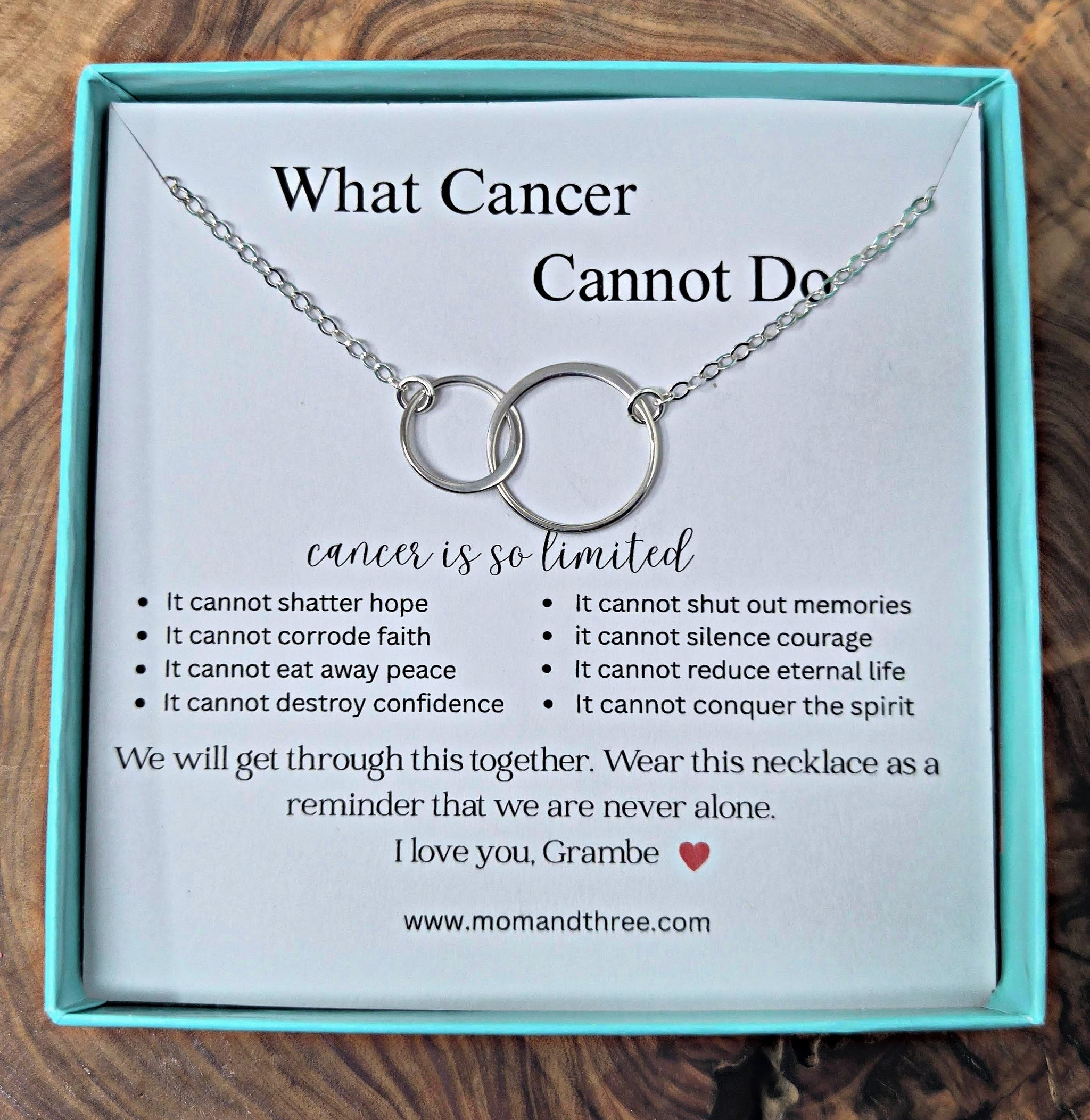 Fight Cancer. Never Alone. What Cancer Cannot Do. Two Circles of Life Sterling Silver Cable Chain 18" Necklace.