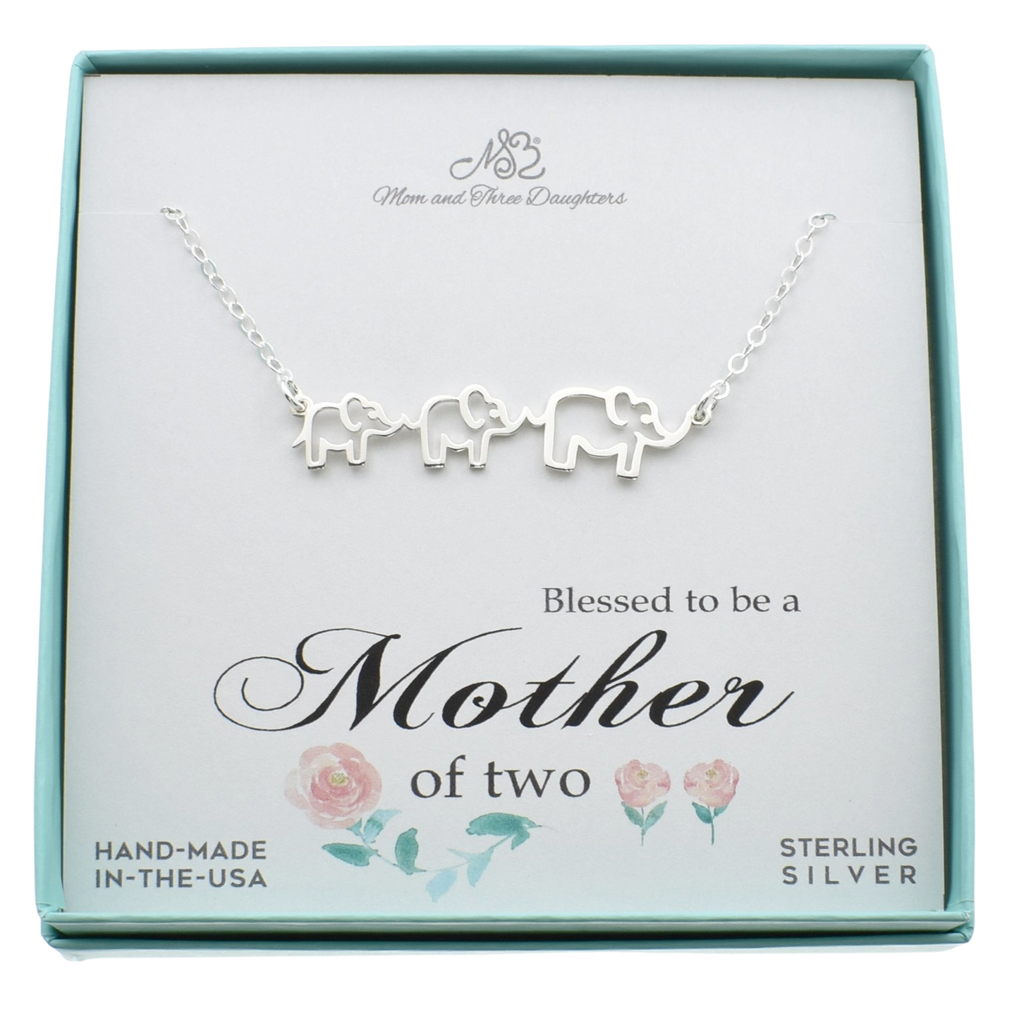 Mom and Two Baby Elephants Necklace in Sterling Silver